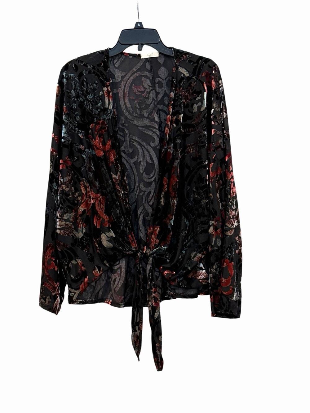 Easel Black Velvet Burnout Open-Front Tie Top Size L Whimsigoth Boho Chic